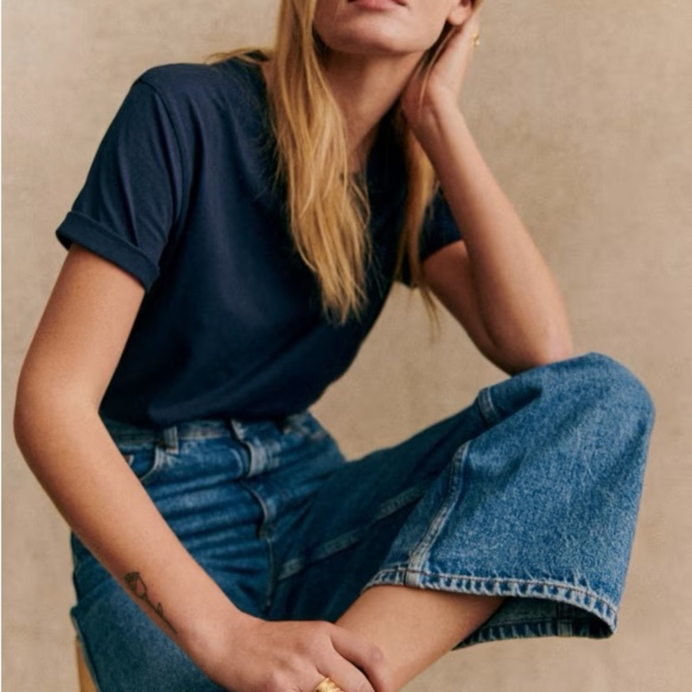Sezane Navy Conrad Short Sleeve Tee